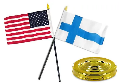 Finland W/ USA American Flag 4 X6  Desk Set Table Stick Gold Base • $7.88