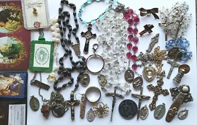 Vtg Rosary Beads Lot Repair Parts Crystal Glass Saints Medals Crucifix Ring Pins • $10.50