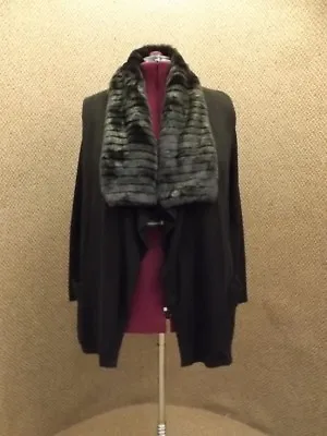 Charter Club NEW Black Wool Blend Open Front Sweater Mink Faux Fur Collar XL • $27.99