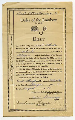 1945 Vintage Masonic Certificate Order Of The Rainbow For Girls East Atlanta GA  • $24.99