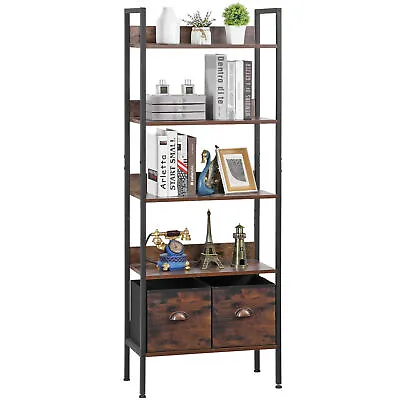 5-Tier Bookshelf Bookcase Metal Shelf Units With 2 Storage Drawers Rustic Brown • $50.99