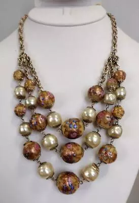 Vtg '60s Venetian Wedding Cake Murano Glass Bead Baroque Pearl 3 Strand Necklace • $36