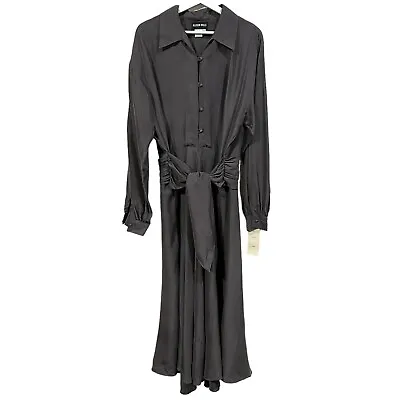 Vintage Allison Wills Size 12 Silk Dress Midi Long Sleeve Gray V-Neck Tie Detail • $29.92
