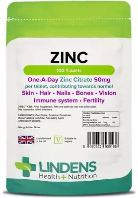 Zinc Tablets 50mg High Strength Immune Health Lindens • £4.25