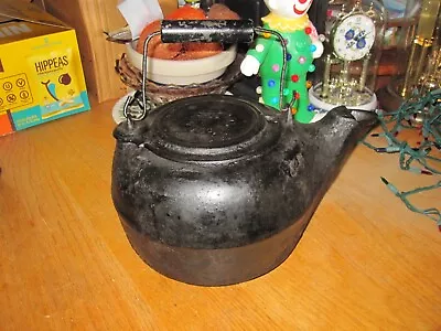 Antique Black Cast Iron #8 Tea Kettle Humidifier With Wood & Metal Handle • £28.92