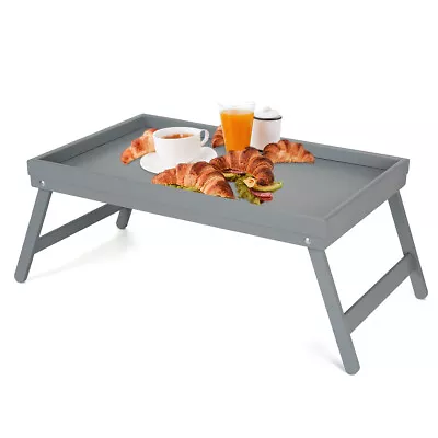 Grey Bamboo Wooden Breakfast Serving Lap Tray Bed Table With Folding Legs • £13.99