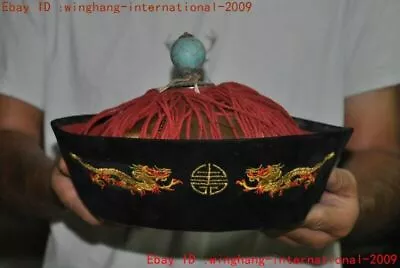 9 Old China Qing Dynasty Cloth Peacock Tail Turquoise Embroidery Dragon Hat Cap • $149.52