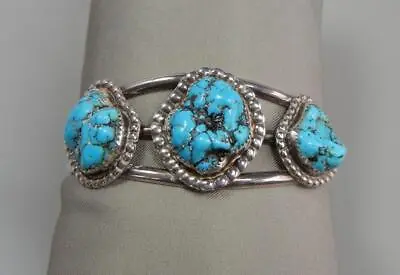 Vintage Navajo Cuff Bracelet Sterling Silver Sea Foam Turquoise 3 Stone • $139.50