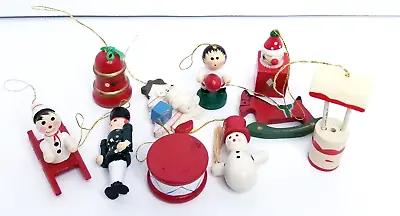 Miniature Wooden Christmas Tree Ornaments Soldier Bell Snowman Horse Lot Of 10 • $9.99