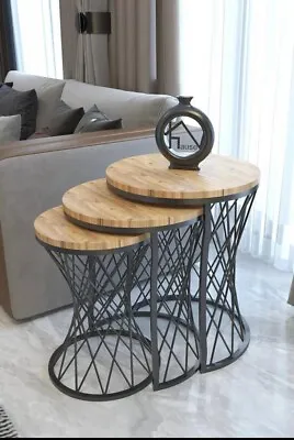 Round Wood Effect Set Of 3 Coffee Nest Tables Side End Table Oak & Black • £109.99
