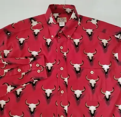 Barn Fly Men's Med Red Steer Bull Longhorn Button Long Slv Shirt USA • $34.95
