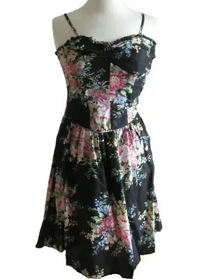 100% Cotton Black Floral Tea Dress By Warehouse Uk Size 8  • £8