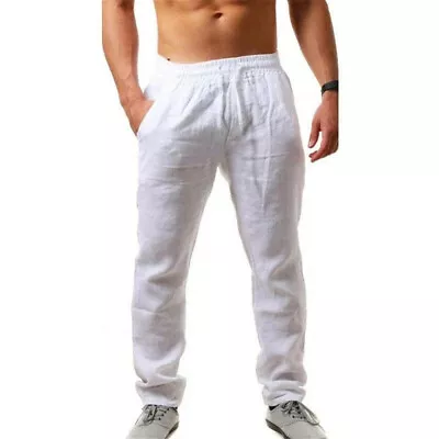 Mens Drawstring Casual Linen Baggy Yoga Pants Loose Straight Beach Long Trousers • $13.98