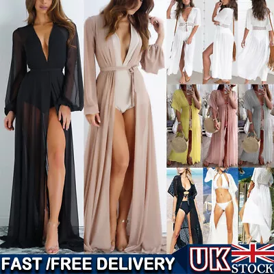 £10.99 • Buy Womens Sheer Mesh Holiday Kimono Dress Beach Bikini Cover Up Maxi Dress Long Top