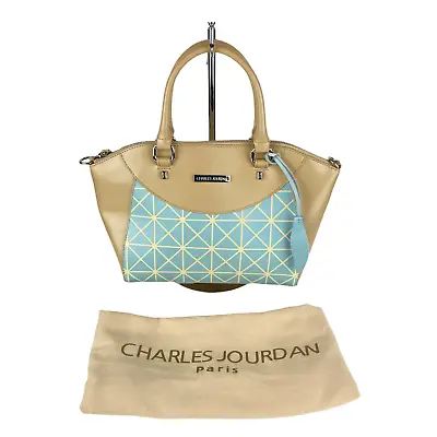 CHARLES JOURDAN Lizzy Etched Satchel In Baby Blue & Tan Removable Shoulder Strap • $49.95