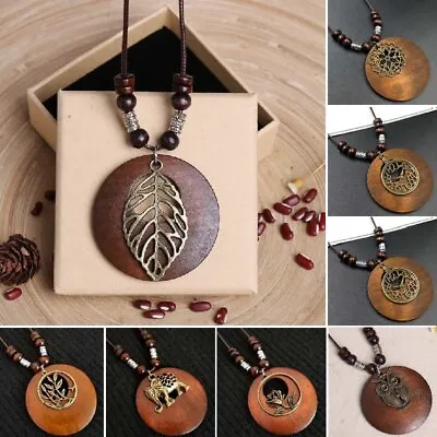 Retro Boho Ethnic Long Pendant Sweater Necklace Wood Beads Women Jewelry Gift • £3.11