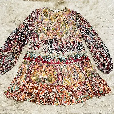 $34.99 • Buy Zara Dress Women M Multicolor Long Sleeve Mix Print Boho Colorful Metallic