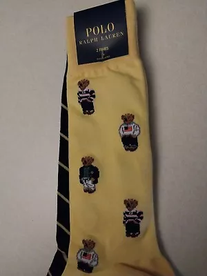 Ralph Lauren All Over 🐻POLO BEAR Socks American Flag Dress Mens 2 Pair Yellow  • $18