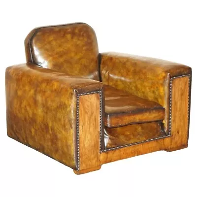 Fully Restored Antique Art Deco Brown Leather Walnut Framed Club Odeon Armchair • £3750