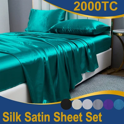 $36.75 • Buy Silk Satin Fitted Sheet Set 2000TC Bed Pillowcases Single/Double/Queen/King Size