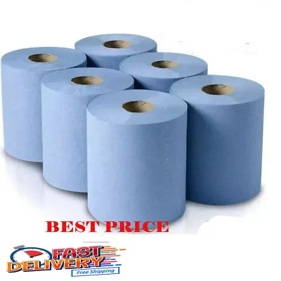 6 X Jumbo Workshop Hand Towels Rolls 2 Ply Centre Feed Wipes Embossed Tissue • £8.49