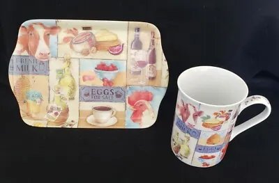 Masterpiece Collection Ceramic Mug+Melamine Tray Cow EggsChickenWine Images • $2