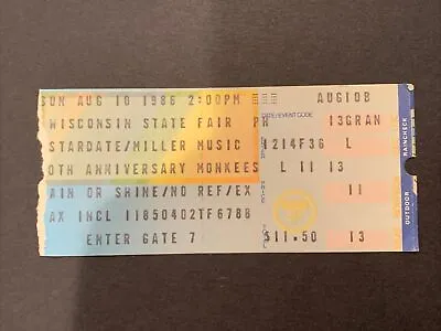 The Monkees 1986 Concert Ticket Stub Wisconsin State Fair • $20