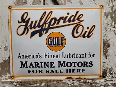 Vintage Gulf Porcelain Sign Gulfpride Gasoline Marine Boat Motor Oil Service 17  • $157.67