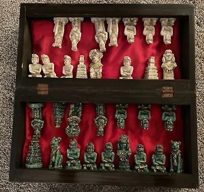 Vintage CHESS GAME SET AZTEC CARVED STONE In Wooden Chess Box Green White Pcs • $94