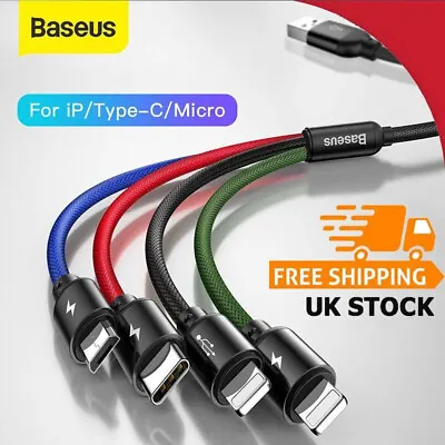 BASEUS 4 In 1 Multi Micro USB/Type C/2 IOS Fast Charging Cable Charger Sync Cord • £7.99