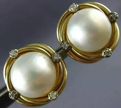 Estate .22ct Diamond Aaa Mabe Pearl 14kt Yellow Gold 3d Round Clip On Earrings • $2040