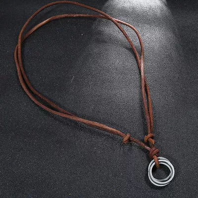 Mens Retro Metal Rings Pendant Genuine Leather Surfer Choker Long Necklace Brown • $10.99
