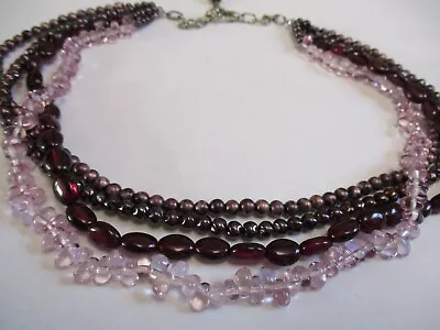 Vintage Multi 4 Strand Purple Pink Pearl GLASS & GARNET Gemstone Beaded Necklace • $7.99