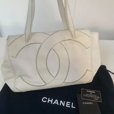 CHANEL Big COCO MARK Tote Bag Women White With Guarantee Card CC Logo Genuine • $1413.11