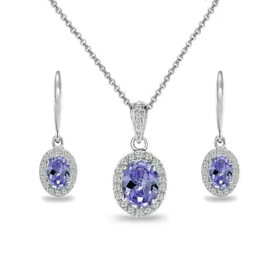 Oval Simulated Tanzanite & White Topaz Halo 925 Silver Necklace & Earrings Set • $41.93