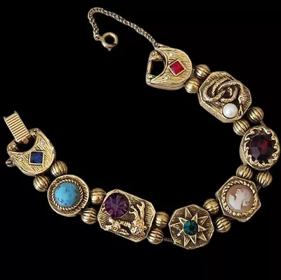 Vintage Slider Bracelet Stones Gold Tone Goldette Etruscan Victorian Style Cameo • $74.99