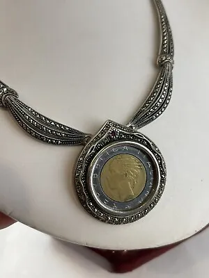 STERLING Silver VINTAGE NECKLACE MARCASITES RUBY CRETARA COIN Republic Of ITALY • $170