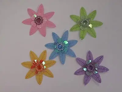 5pc Pack Fabric Flower Leaf With Gem Centre 43mm Embellishments For Arts & Craft • £3.98