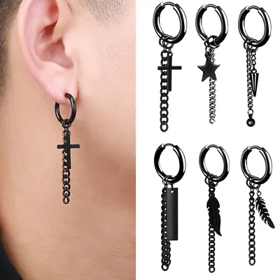 1PC Black Stainless Steel Earrings Ear Hoop Dangle Punk Hip Hop Men Jewelry Gift • £2.99