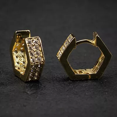 Iced Cz Yellow Gold Plated 925 Sterling Silver Men's Hoop Earrings • $12.99