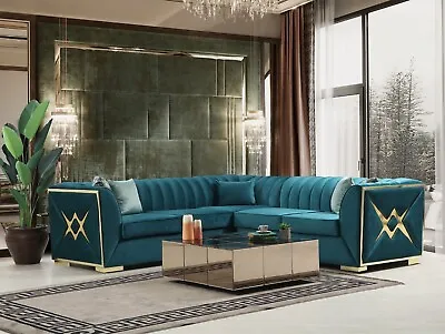 NEW Modern Glam Teal Blue Velvet Contemporary Fabric Sectional & 5 Accent Pillow • $1899.99
