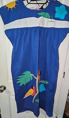 Vintage Blue Mexican Dress Mumu Pockets Applique Parrot Birds Sz Small Cotton  • $35.99