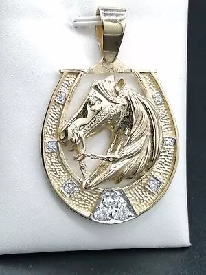 9ct Gold CZ Horse Shoe & Head Pendant - 19g - British Hallmarked • £1159.99
