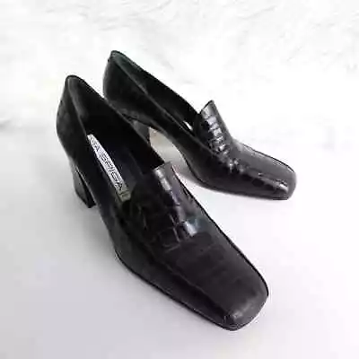 90s Vintage Via Spiga Black Croc-Embossed Leather Heeled Loafers Size 8B • $45