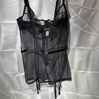 Victoria's Secret Dream Angels Black Mesh Lingerie MerryWidow Flocked Dot Size L • $56.24