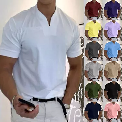 £4.79 • Buy UK Mens Summer Grandad Shirts Henley Tops Short Sleeve Tee T-Shirt Casual Blouse