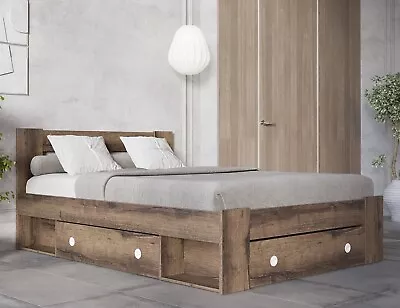 King Size Bed Frame Euro Storage Drawers Shelves Wood Slats Dark Oak Effect Nepo • £494.95