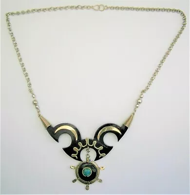 L801) Tribal Horn & Turquoise Colour Stone Bib Pendant Chain Necklace • £7.50