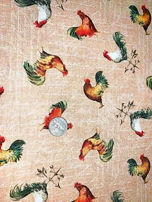 County Fair Rustic Roosters Khaki  Cotton Fabric Michael Miller By The Half Yard • $3.75