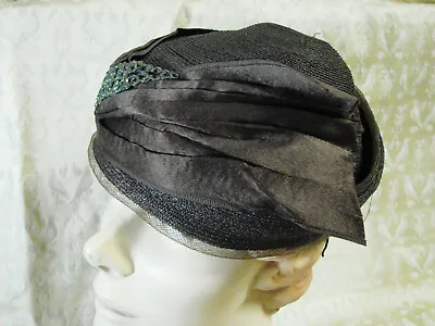 Vintage 20s 30s Hat Mesh Toque AMULET PIN Ribbons Straw S 21 Brown DECO • $34.99